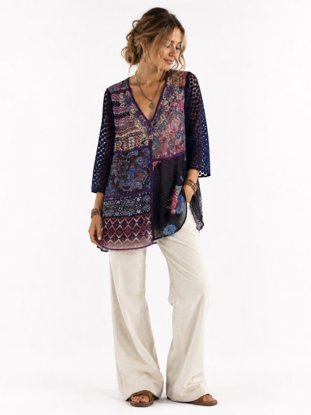 Soft Surroundings Patchwork Tunic Women's PXL Mixed Media Burnout Boho Blouse